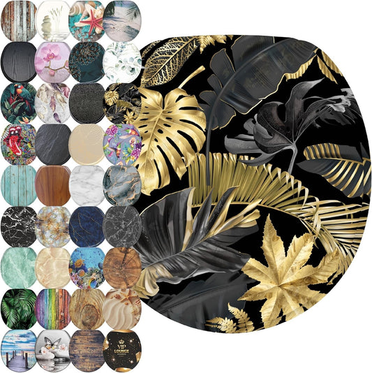 Luxury Molded Wood Toilet Seat with Soft Close Feature - Golden Leaves Design