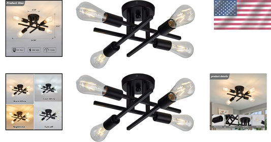 2-Pack Modern Dimmable 4-Light Semi Flush Mount Ceiling Fixture in Matte Black