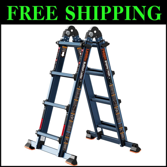 Heavy-Duty 4-Step Folding Ladder, 14FT Aluminum with Anti-Slip Safety Features
