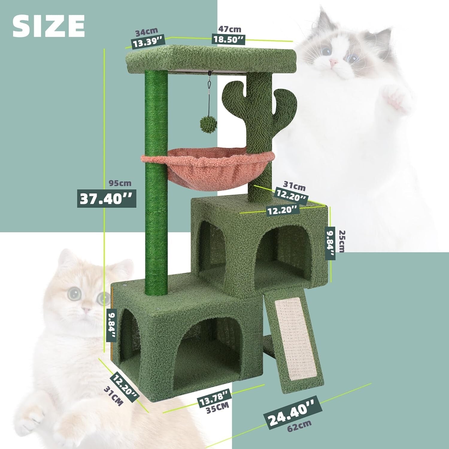37.4-Inch Multi-Level Cat Tower with Twin Condos & Jute Scratching Posts