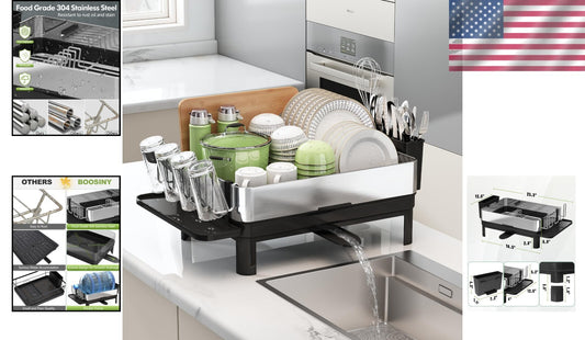 1-Tier Compact Dish Drainer with Utensil and Cup Holders for Kitchen Counters