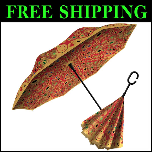 Stylish Reverse Umbrella - Klimt 'Hope II' Red Art with Auto-Open Feature