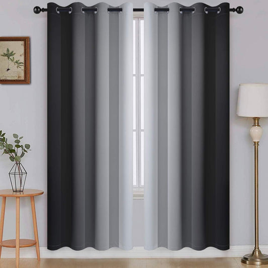 Soft Gradient Black and Grey Grommet Curtains, 2 Panels 52x72 - Noise Reduction