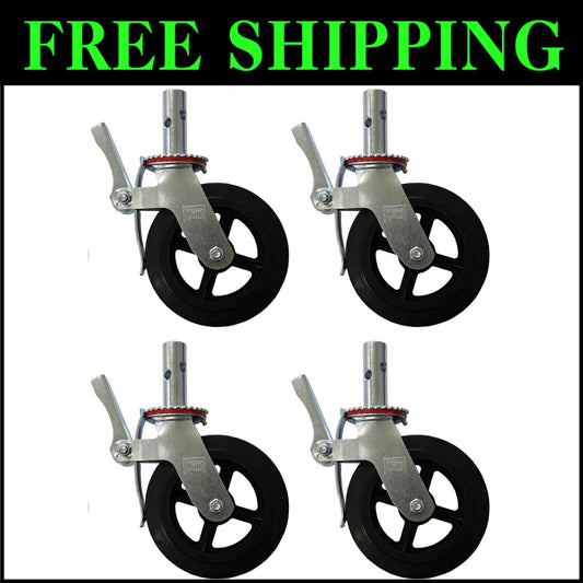 Set of 4 Heavy-Duty 8" Rubber Caster Wheels with Locking Brakes - 1100 lbs