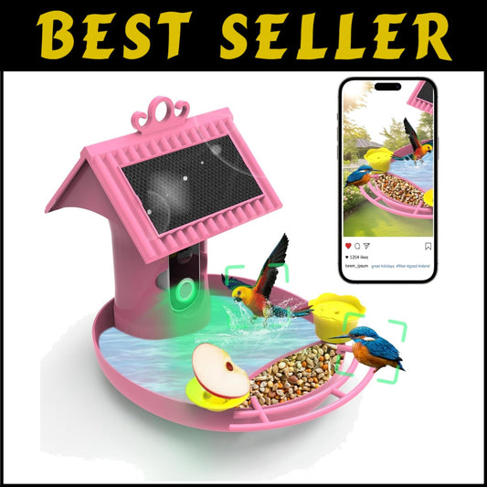 Smart Solar-Powered Bird Feeder with AI Recognition & Built-In Camera – Pink