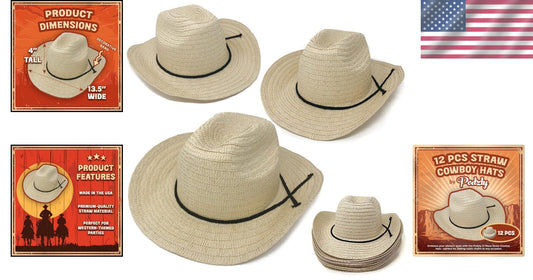 Universal Fit 24" Straw Cowboy Hats for Men & Women - Perfect Party Accessories
