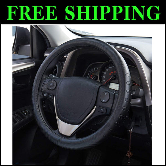 15.5-Inch Black Leather Steering Wheel Cover – Protect & Enhance Driving Comfort