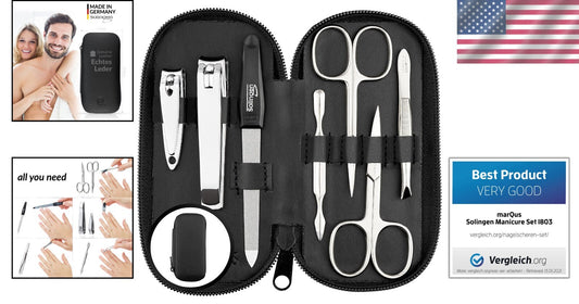 7-Piece Stainless Steel Manicure Set in Nappa Black Leather - Made in Solingen