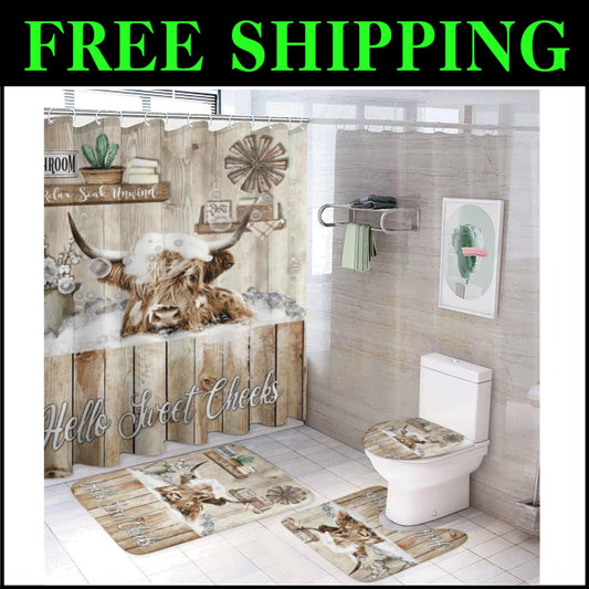 Funny Highland Cow Shower Curtain Set - 4-Piece with Non-Slip Bath Accessories