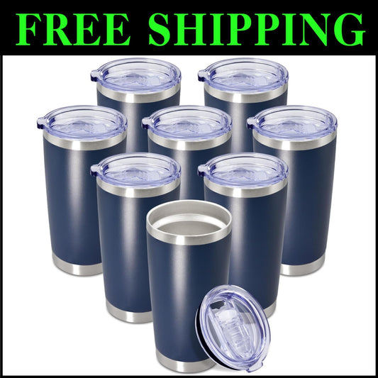 Insulated 20 oz Coffee Travel Mugs - Navy Powder Coated 8-Pack for All Occasions