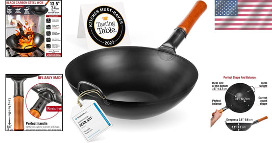 Authentic Carbon Steel Wok - 13.5” Stir Fry Pan for All Stovetops & Outdoor BBQ