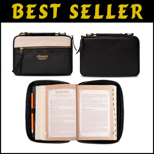 Water-Resistant 'Amazing Grace' Bible Cover in Stylish Black & Tan Faux Leather
