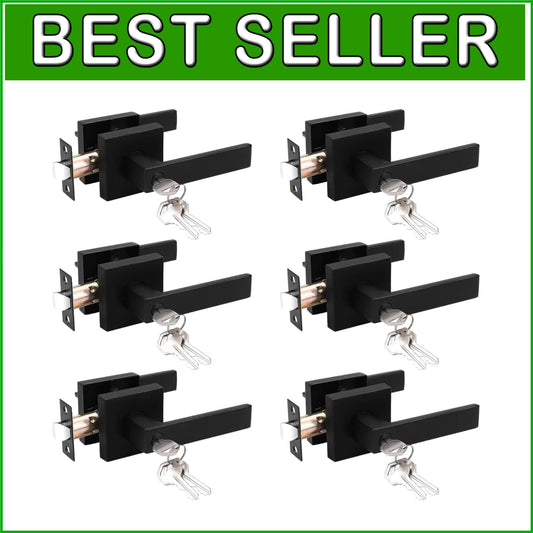 6 Pack Matte Black Keyed Alike Door Handles - Secure and Stylish Entry Solution