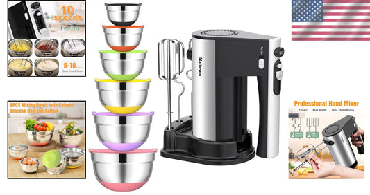600W Electric Hand Mixer & 6 Stainless Steel Nesting Bowls with Colorful Lids