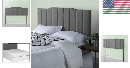 Classic Full Size Upholstered Headboard with Channel Stitched Design in Gray