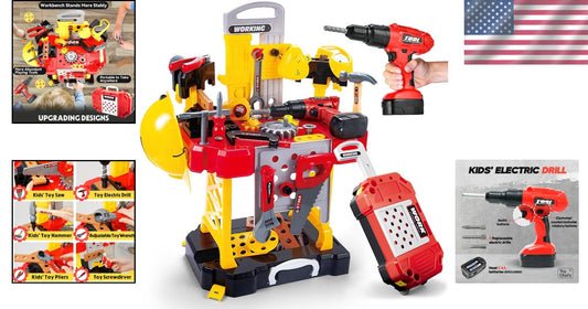 83 Piece Kids Tool Set with Electric Drill - Transformable Construction Bench