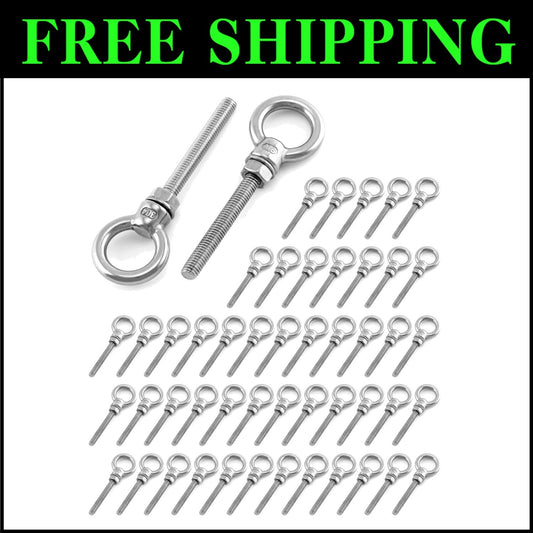 Marine-Grade 1/4" x 2" Long Stainless Steel Eyebolts with Nuts - 50 Count