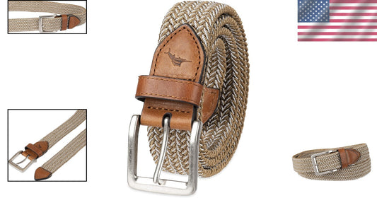 Men's Adjustable Braided Stretch Web Belt with Genuine Leather Details