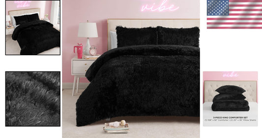 Luxurious Shaggy Faux Fur Black King Comforter Set - 3-Piece Glam Bedding
