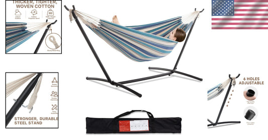 Outdoor Double Hammock with Strong Steel Stand - 450lb Capacity in Light Blue