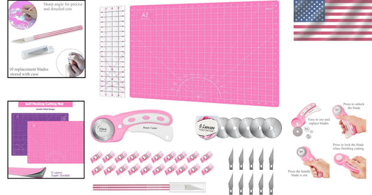 Ergonomic Pink Rotary Cutter Set for Quilting - Includes Cutting Mat & Ruler