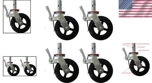 Set of 4 Heavy-Duty 8" Rubber Caster Wheels with Locking Brakes - 1100 lbs