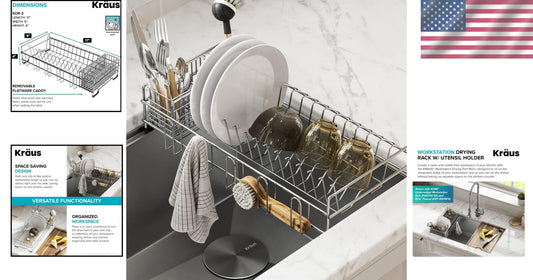 17" Stainless Steel Over Sink Dish Drying Rack with Removable Utensil Holder