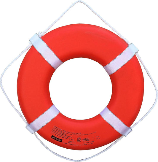 24-Inch Foam Life Ring - Durable Orange Buoy with Web Straps for Boating Safety