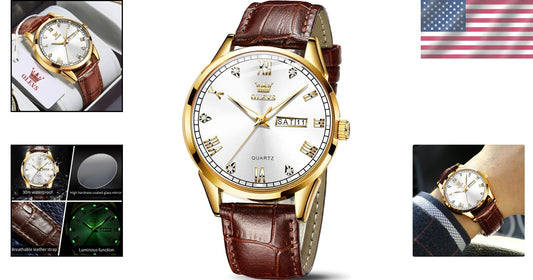 Elegant 39mm Brown Leather Dress Watch with Gold Case & Waterproof Feature