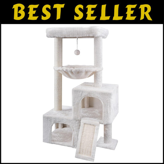 37.4" Beige Cat Tree Tower with Cozy Condos & Scratching Post for Cats
