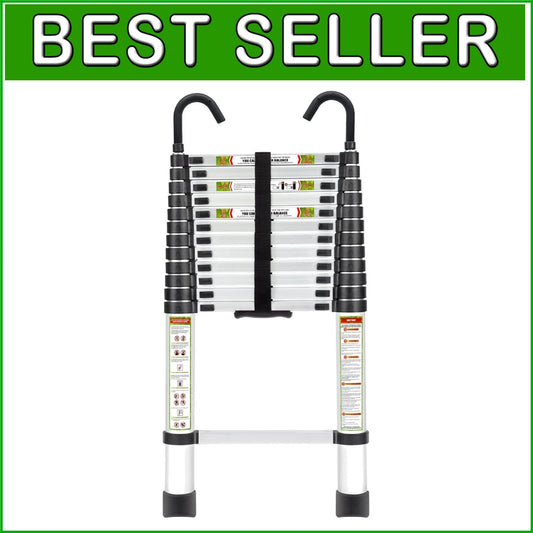 16.5FT Telescopic Aluminum Ladder with Double Hooks & Non-Slip Feet, 330lb Cap