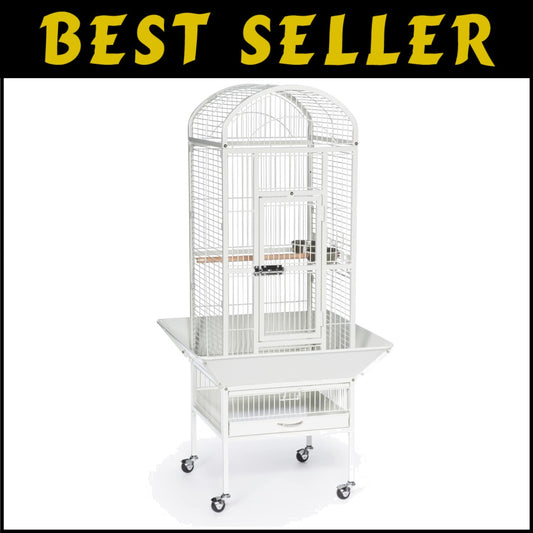 Chalk White Wrought Iron Bird Cage with Rounded Seed Guards and Rolling Stand