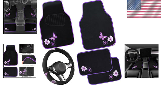 Elegant Purple Car Mats and Butterfly Steering Wheel Set - Easy Installation