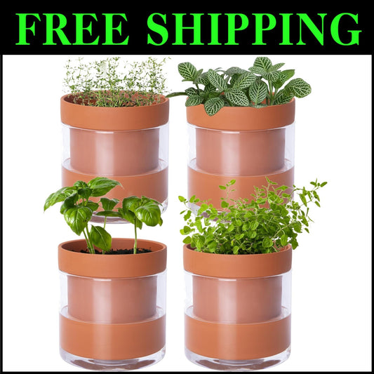 4-Inch Terracotta Clay Pot with Glass Reservoir for Hassle-Free Indoor Planting