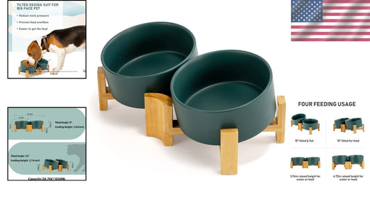 Stylish 15° Slanted Ceramic Pet Bowl Set with Bamboo Stand for Easy Feeding