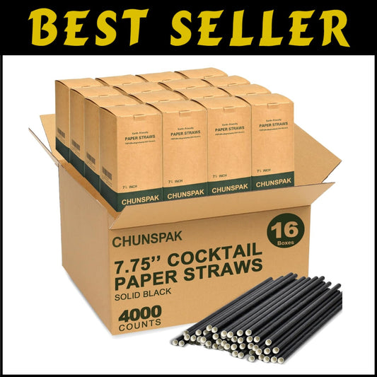 Classic Solid Black 7.75 Inch Drinking Straws - Biodegradable Bulk Case of 4000