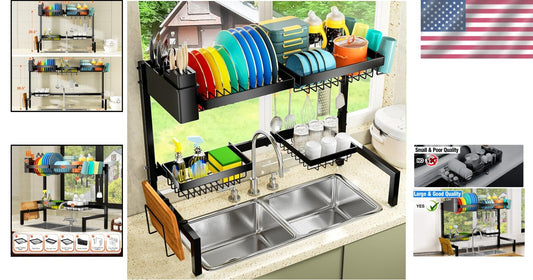 Adjustable 2-Tier Metal Dish Drying Rack with 4 Baskets - Space-Saving Solution