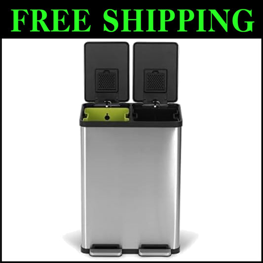 60L Hands-Free Dual Compartment Stainless Steel Trash Can with Soft-Close Lid