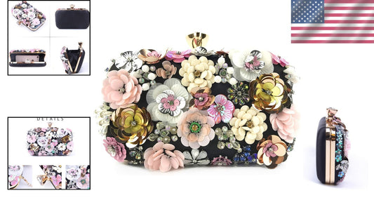 Elegant Evening Clutch with Rhinestone Closure & Floral Detail - Women’s Fashion