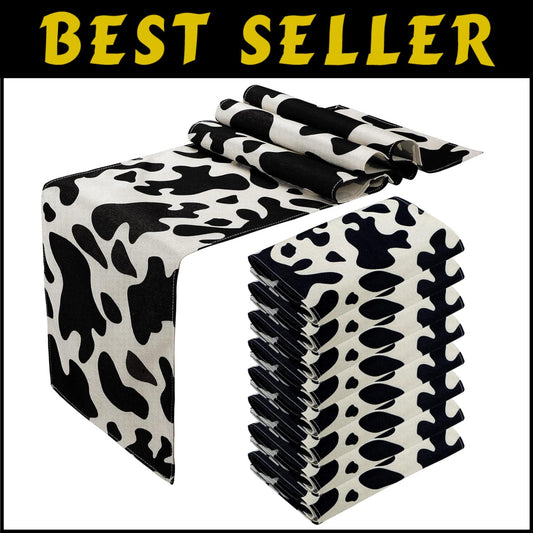 8 Pcs Cow Print Table Runners - Rustic Black and White Linen Tablecloths 13x108