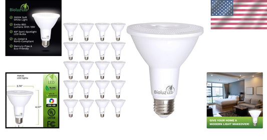 Energy-Efficient 20-Pack LED Bulbs, 3000K Soft White, Dimmable & Flicker-Free