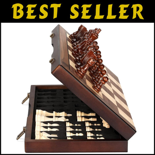 Classic 15'' Magnetic Chess Board - Travel-Friendly Wooden Set with Extra Queens