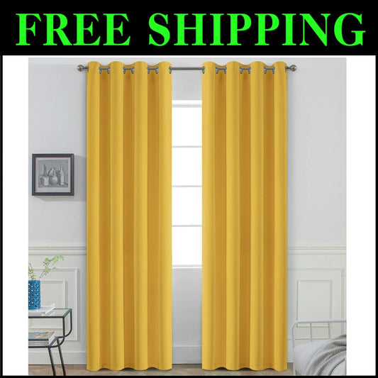 Room Darkening Soft Thermal Mustard Yellow Curtains - Set of 2 Grommet Panels