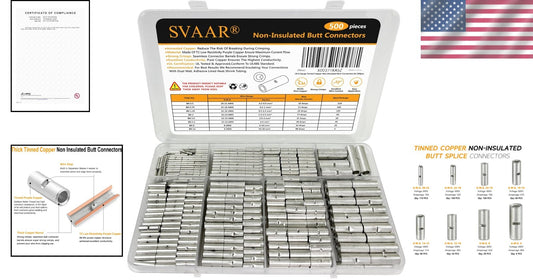 500 PCS Non-Insulated Butt Connectors - Marine Grade Tinned Copper 6-26 AWG