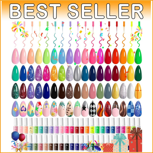 50-Color Glitter Gel Nail Art Set with Built-in Brushes - Spring Summer Shades