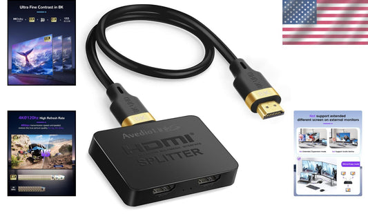 8K@60Hz HDMI Splitter 1 in 2 Out with 4ft 8K HDMI Cable - Ultimate Dual Displ...