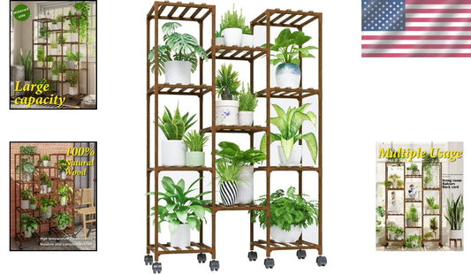 Carbonized Wood Plant Stand with Wheels - Holds 11-25 Pots for Versatile Display