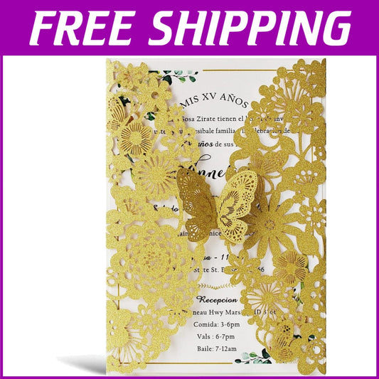 50 PCS Gold Laser Cut Lace Flora Wedding Invitations with Butterfly & Envelopes