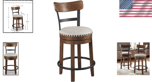 Rustic Farmhouse Swivel Bar Stool - 24.5” Seat Height, Dark Brown Oak Finish