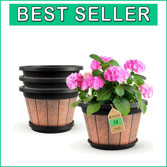 12-Inch Whiskey Barrel Plant Pots - Outdoor & Indoor Planters with Trays